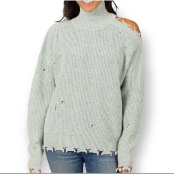 ZENANA LT. BLUE GRAY CUTOUT TURTLENECK DISTRESSED SWEATER NWT MULTIPLE SIZES. GO - Picture 5 of 9